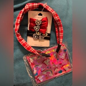 Kids Checkered Headband and Unicorn Pouch Set
